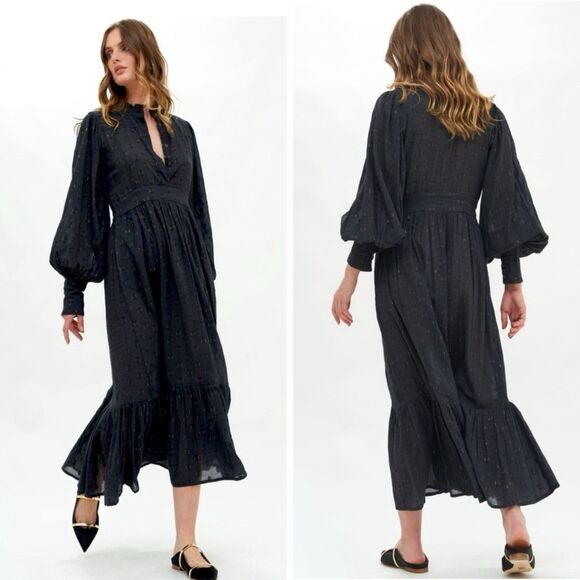 Oliphant Shirt Waist Maxi Dress Womens XXS Black Gold Button Front Pockets Lined - Picture 1 of 16